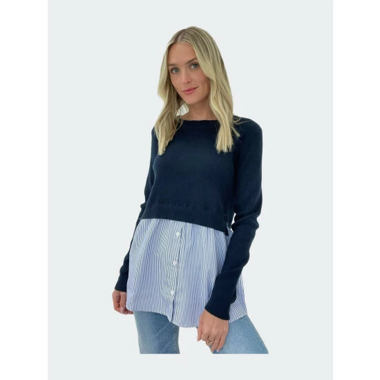 Six Fifty Leena Mixed Media Sweater - Navy Sweatshirts & Sweaters 1 Six Fifty Leena Mixed Media Sweater - Navy Sweatshirts & Sweaters