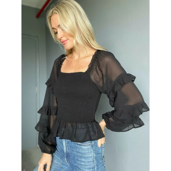 Six Fifty Maya Ruffle Sleeve Top Tops Black 2 Six Fifty Maya Ruffle Sleeve Top Tops Black - Image 2